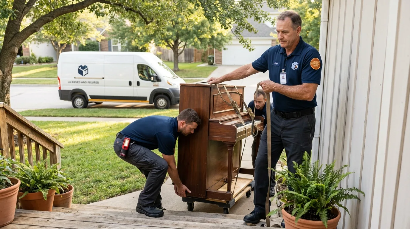 Licensed piano movers securing grand piano in Conley, GA