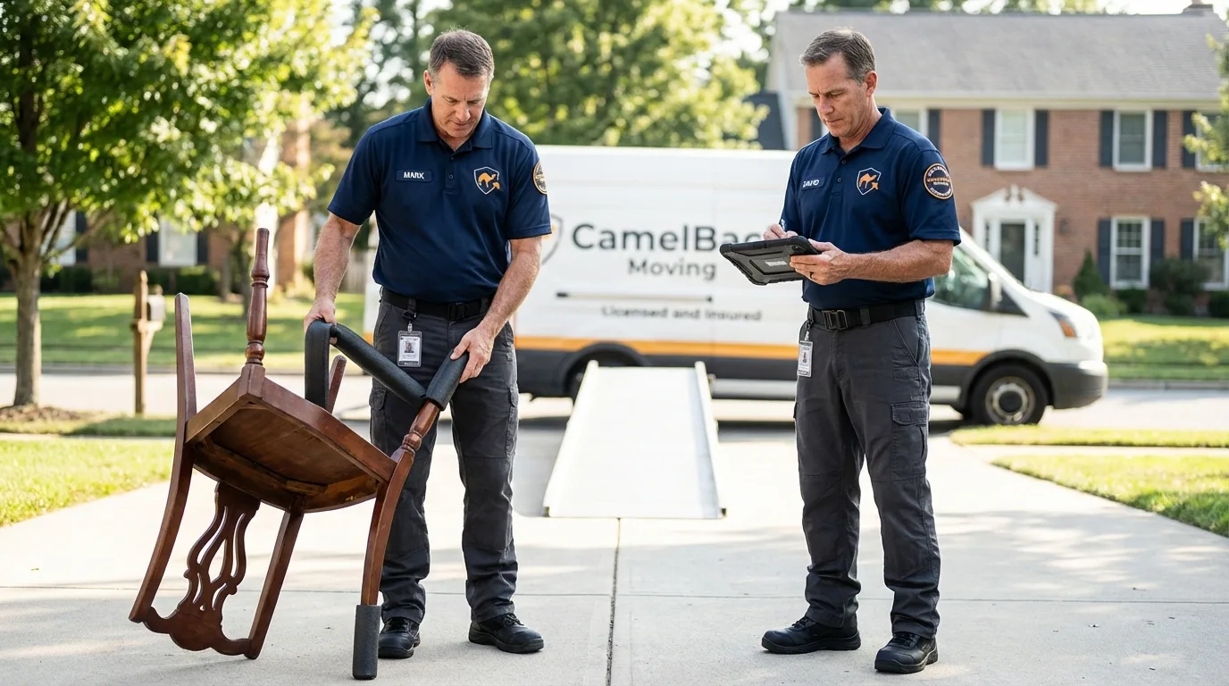 Movers inspecting furniture for damage prevention before loading in Conley, GA